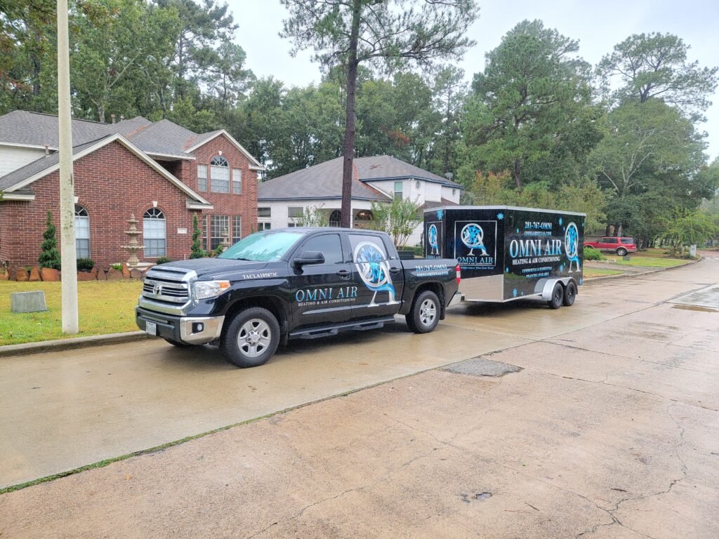 Omni Air & Heating LLC truck on a Montgomery area fall heating call.